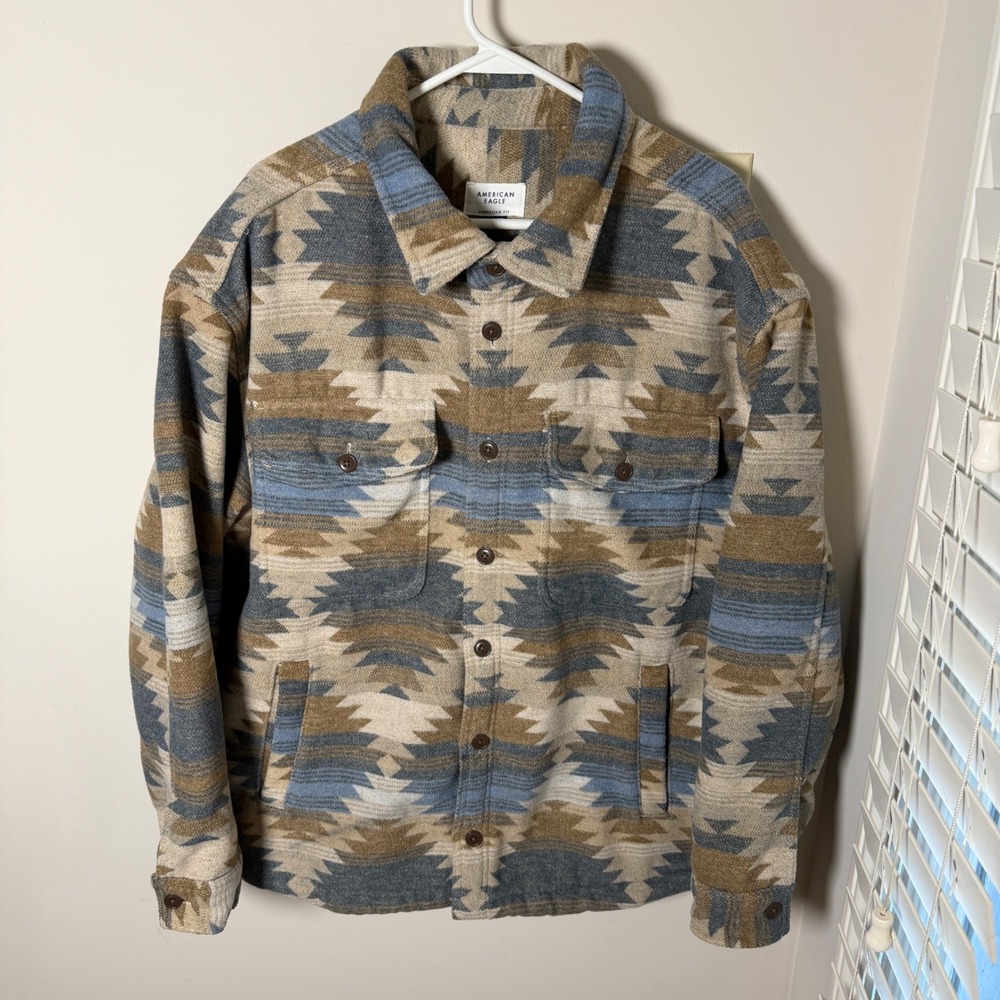 American Eagle Aztec Shacket Mens XL Blue Brown Southwestern Oversized Flannel